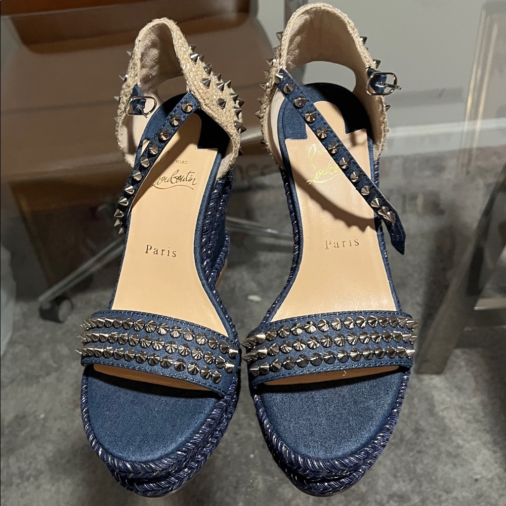 Christian Louboutin Navy Studded Espadrille Sandals